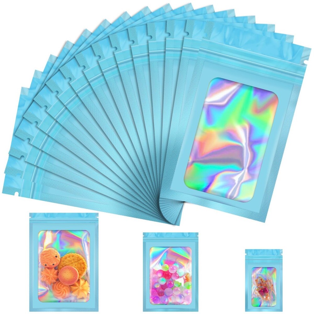JETMORE 100 Pcs Mylar Bags, Smell Proof Bags Foil Pouch, Holographic Resealable Bags for Small Business, Candy Sample Jewelry Bag Sealable Packaging for Party Favor Food Storage (2.8x3.9in-Blue)
