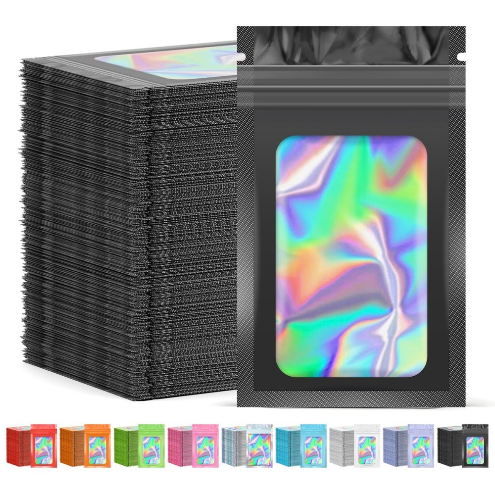 JETMORE 300 Pcs Mylar Bags, Smell Proof Bags Foil Pouch, Holographic Resealable Bags for Small Business, Candy Sample Jewelry Bag Sealable Packaging for Party Favor Food Storage (5.5x7.9in-Black)