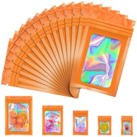 JETMORE 100 Pcs Mylar Bags, Smell Proof Bags Foil Pouch, Holographic Resealable Bags for Small Business, Candy Sample Jewelry Bag Sealable Packaging for Party Favor Food Storage (4x6in-Orange)