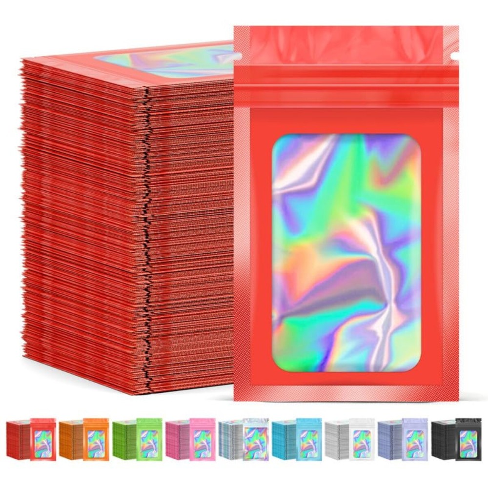 JETMORE 300 Pcs Mylar Bags, Smell Proof Bags Foil Pouch, Holographic Resealable Bags for Small Business, Candy Sample Jewelry Bag Sealable Packaging for Party Favor Food Storage (4x6in-Red)