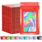 JETMORE 300 Pcs Mylar Bags, Smell Proof Bags Foil Pouch, Holographic Resealable Bags for Small Business, Candy Sample Jewelry Bag Sealable Packaging for Party Favor Food Storage (4x6in-Red)