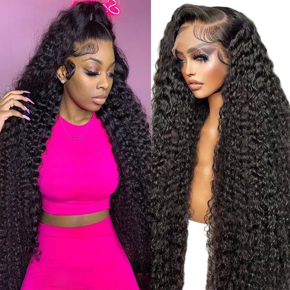 JTMMP 13x6 Deep Wave Lace Front Wigs Human Hair 200% Density 26 Inch Curly Human Hair Wig for Women Natural Black HD Transparent Lace Glueless Frontal Wigs Human Hair Pre Plucked