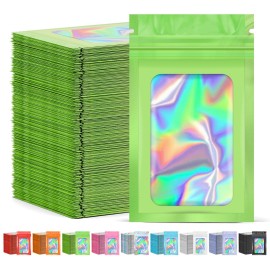 JETMORE 300 Pcs Mylar Bags, Smell Proof Bags Foil Pouch, Holographic Resealable Bags for Small Business, Candy Sample Jewelry Bag Sealable Packaging for Party Favor Food Storage (3x5in-Green)