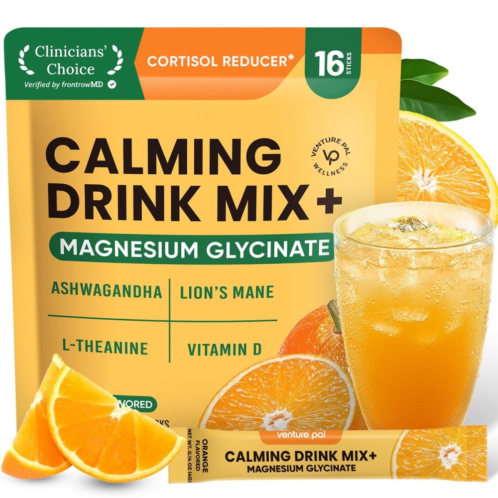 Venture Pal Calm Drink Mix, Cortisol Reducer and Sleep Aid with Magnesium Glycinate, Ashwagandha, L-Theanine,Vitamin D, Calm Magnesium Powder for Relax & Focus, No Sugar, Non GMO, On The Go