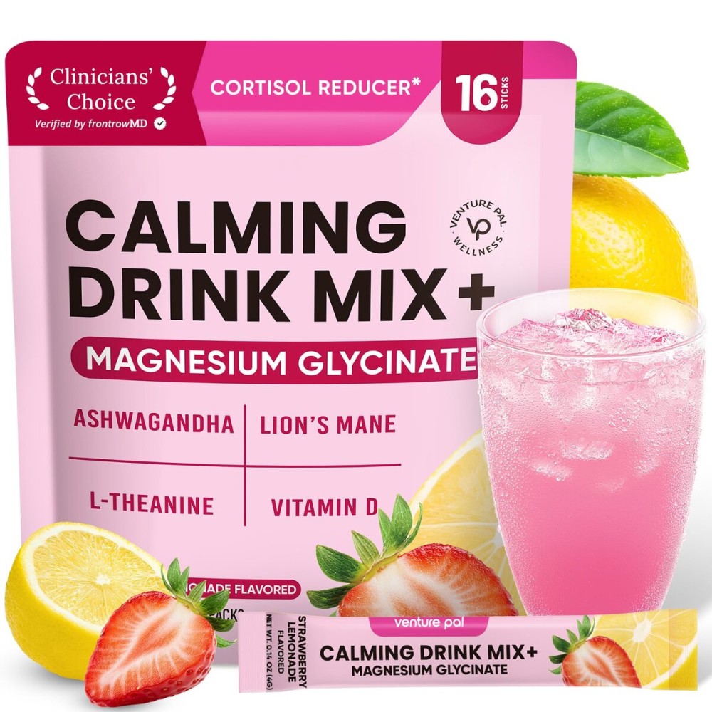 Venture Pal Calm Drink Mix, Cortisol Reducer and Sleep Aid with Magnesium Glycinate, Ashwagandha, L-Theanine,Vitamin D, Calm Magnesium Powder for Relax & Focus, No Sugar, Non GMO, On The Go
