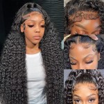 JTMMP 13x6 Deep Wave Lace Front Wigs Human Hair for Women 200% Density Deep Curly Human Hair Wig 30 Inch HD Lace Frontal Wigs Pre Plucked Natural Black Color