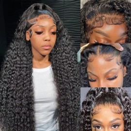 JTMMP 13x6 Deep Wave Lace Front Wigs Human Hair for Women 200% Density Deep Curly Human Hair Wig 30 Inch HD Lace Frontal Wigs Pre Plucked Natural Black Color