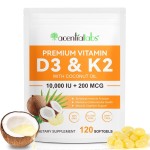 flasture Vitamin D3 K2 Supplement Softgels, 10000 IU VIT D3 + 200 MCG K2 (MK-7) | 2-in-1 Replenish Formula with Coconut Oil, Supports in Calcium Absorption, Easy to Swallow 120 Capsules.