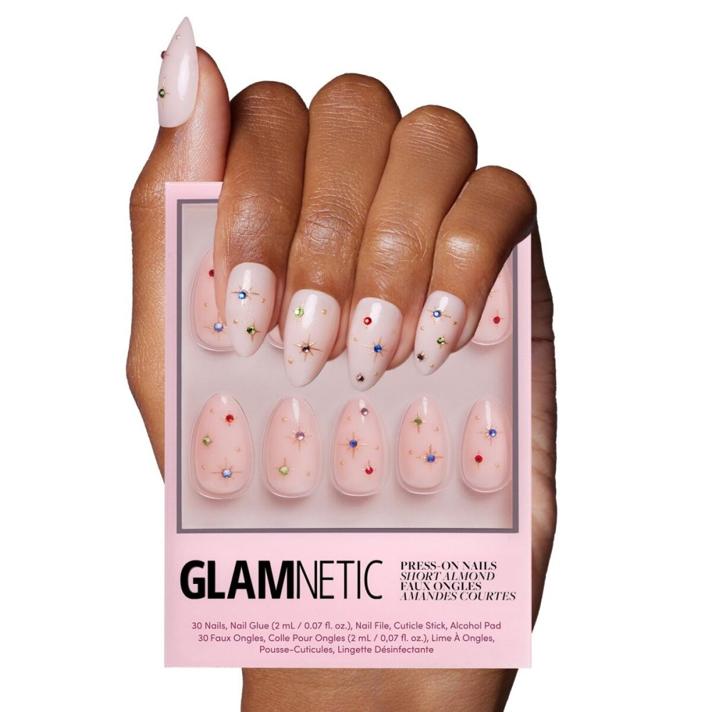 Glamnetic Press On Nails - North Star | Semi-Transparent 3D Multicolor Gems Short Almond Fake Nails, Salon Quality | 15 Sizes - 30 Nail Kit
