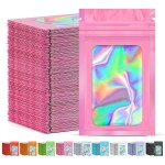 JETMORE 300 Pcs Mylar Bags, Smell Proof Bags Foil Pouch, Holographic Resealable Bags for Small Business, Candy Sample Jewelry Bag Sealable Packaging for Party Favor Food Storage (2.4x3.9in-Pink)