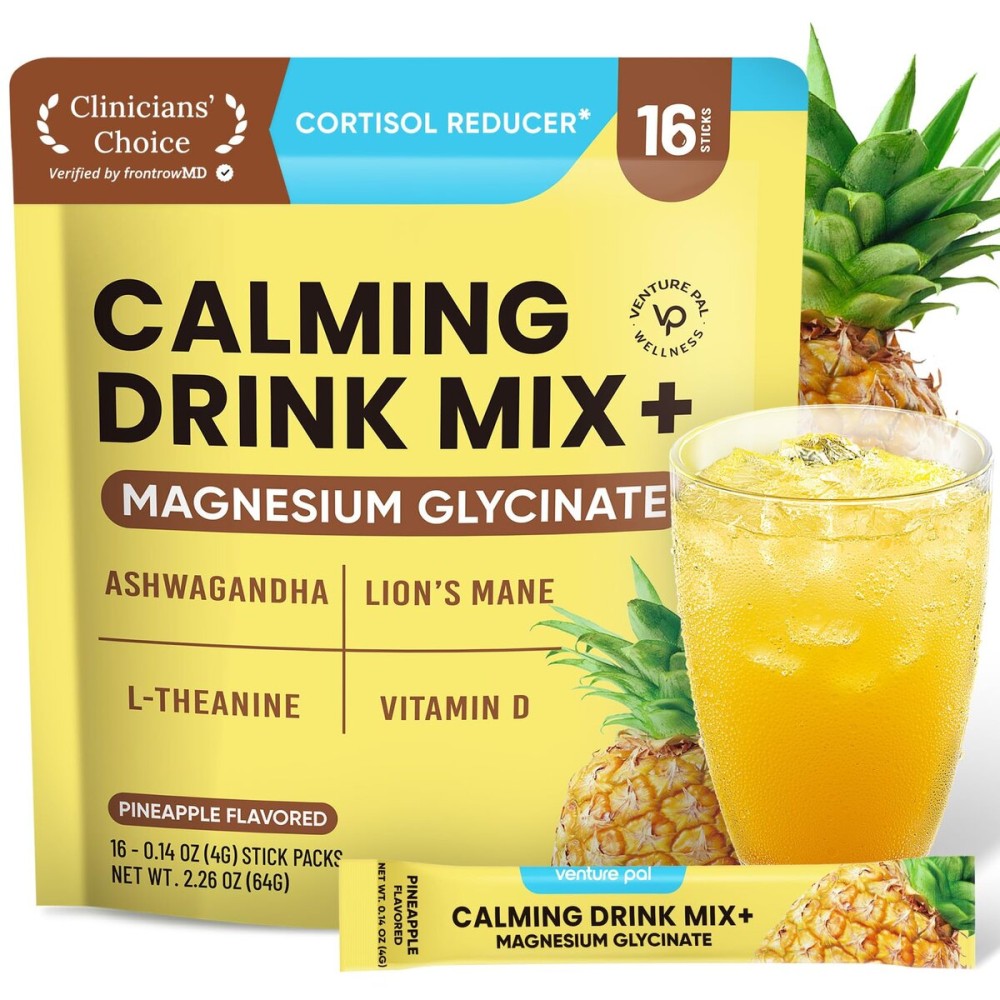 Venture Pal Calm Drink Mix, Cortisol Reducer and Sleep Aid with Magnesium Glycinate, Ashwagandha, L-Theanine,Vitamin D, Calm Magnesium Powder for Relax & Focus, No Sugar, Non GMO, On The Go