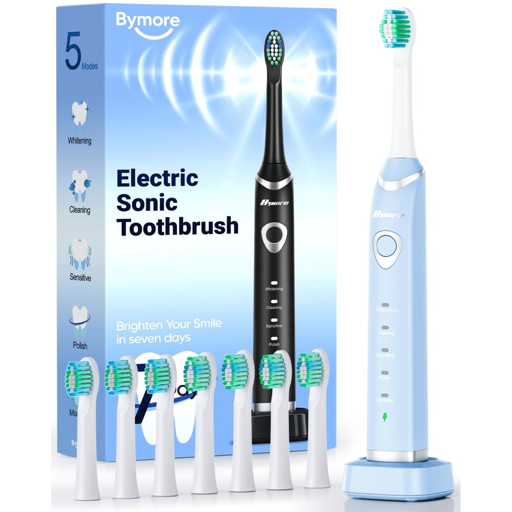 Bymore 8 Replacement Heads Electric Toothbrush for Kids, Ultra Clean Rechargeable Sonic Toothbrush Portable - Sky Blue