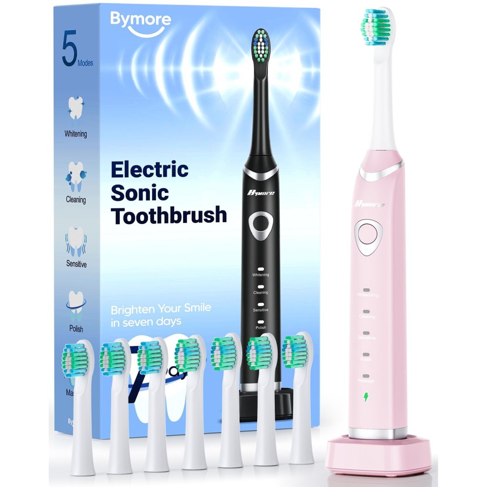 Bymore Electric Toothbrush for Adults,Travel Sonic Toothbrush with 8 Replacement Heads, Ultra Clean RechargeableToothbrush Portable One Charge for 330days 5 Modes 2mins Timer-Light Pink