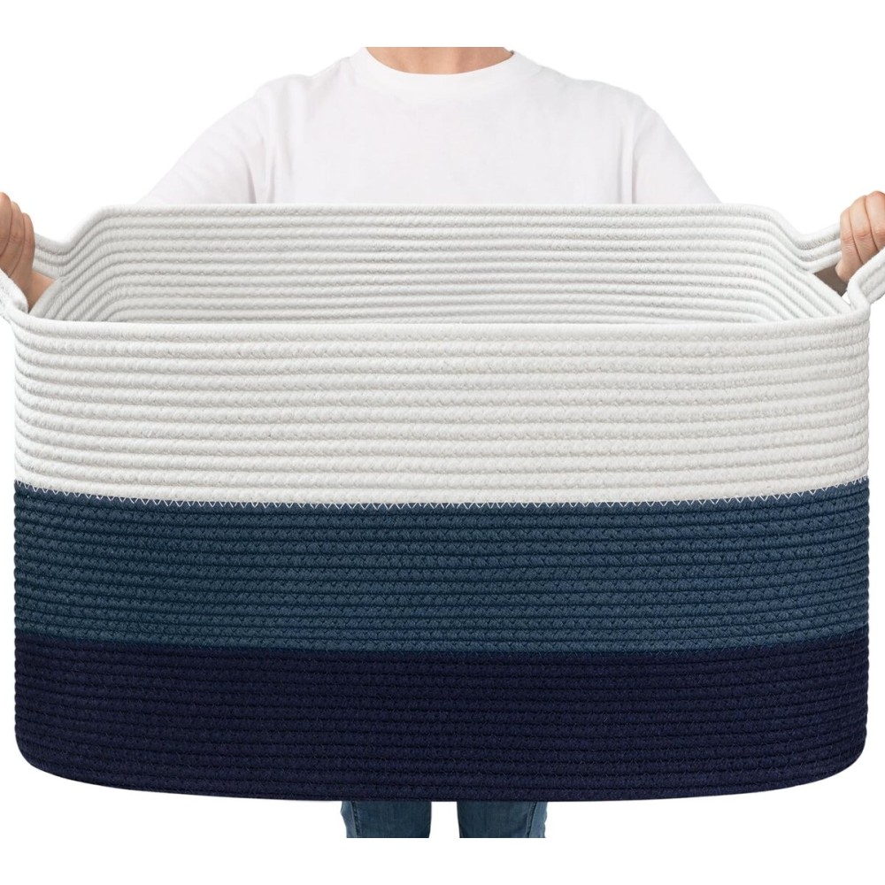 Goodpick Storaget Basket, 21.6 x 14.9 x 11.8, Toy Storage Baskets for Bedroom, Large Baskets for Organizing, Rectangle Woven Rope Basket for Blanket Storage, Blue