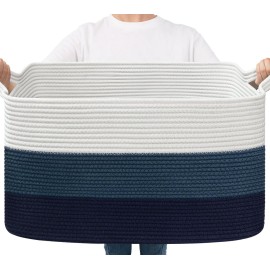 Goodpick Storaget Basket, 21.6 x 14.9 x 11.8, Toy Storage Baskets for Bedroom, Large Baskets for Organizing, Rectangle Woven Rope Basket for Blanket Storage, Blue