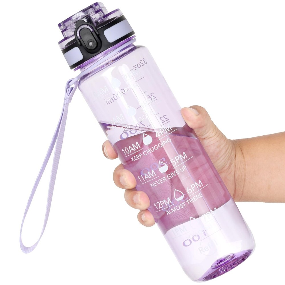 OLDLEY Water Bottle, 32oz Motivational Sports Water Bottle with Time Marker - Times to Drink - Tritan, BPA Free, Wide Mouth Leakproof,Amethyst (1 Bottle)