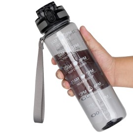 OLDLEY Water Bottle, 32oz Motivational Sports Water Bottle with Time Marker - Times to Drink - Tritan, BPA Free, Wide Mouth Leakproof,Smoke Grey (1 Bottle)
