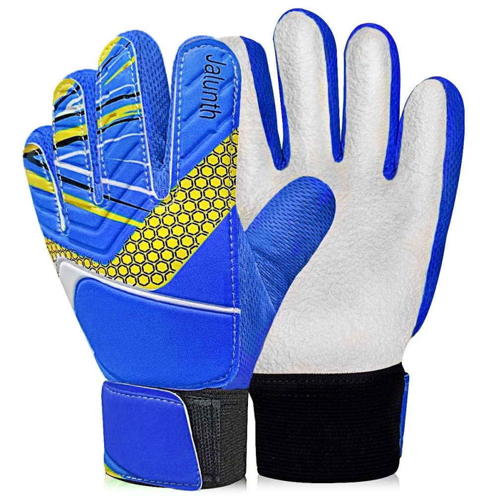 Jalunth Goalkeeper Goalie Soccer Gloves Kids Youth Goal Keeper Field Player Glove Boys Girls Ages 4-6 Years Old Anti-Slip Latex Palm Soft Pu Hand Back Blue White Size 5