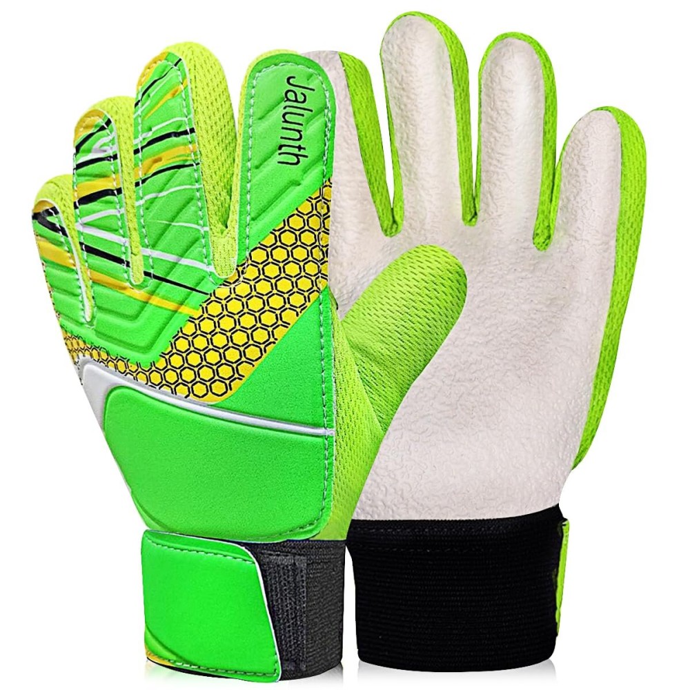 Jalunth Kids Youth Soccer Goalkeeper Goalie Gloves Boys Girls Goal Keeper Field Player Glove Ages 9-10 Years Old Green White Anti-Slip Latex Palm Soft Pu Hand Back Size 7