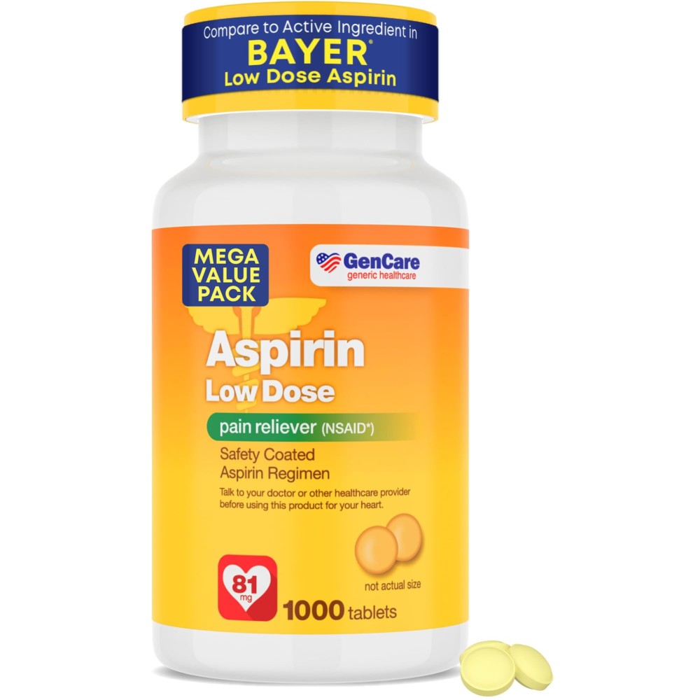 GenCare Low Dose Aspirin 81mg Tablets - Bulk Value 1000 Count - Safety Coated Aspirin Regimen for Doctor-Directed Use - Pain Reliever and Heart Health Support - Generic for Bayer