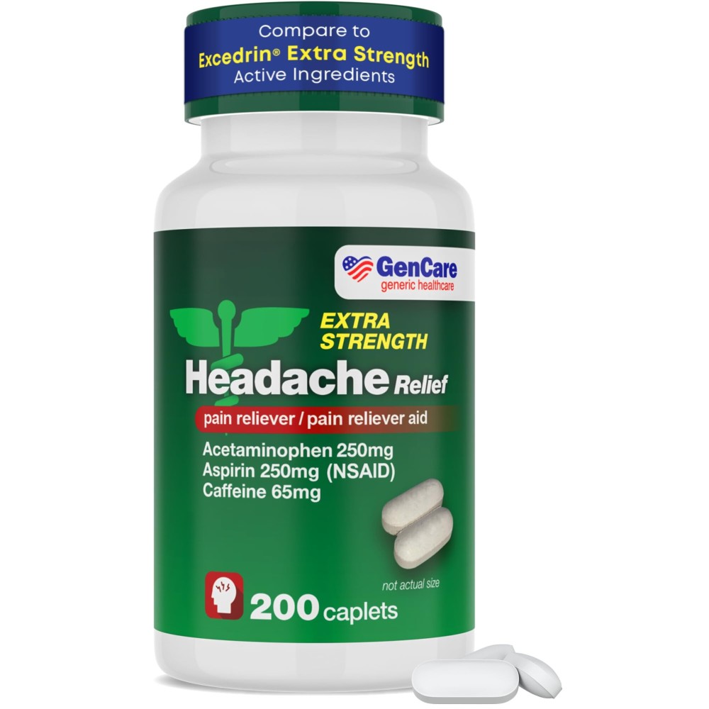 GenCare - Headache Relief Acetaminophen with Aspirin (NSAID) & Caffeine (200 Caplets) Value Pack | Head Pain, Muscle Aches, Back Pain & Body | Generic Excedren Extra Strength
