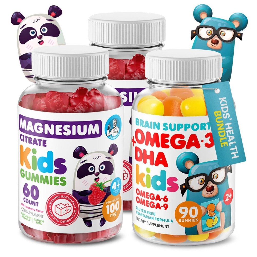 DR. MORITZ Calm Magnesium Gummies for Kids (60 Count, 2 Pack) and Kids Omega 3 Gummies (90 Count) Bundle - Low Sugar, Vegetarian, No Fish Oil