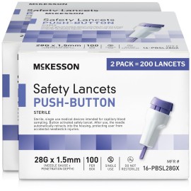 McKesson Lancets for Diabetes Testing [200 Count] Lancing Device for Blood and Glucose Test, 28G x 1.5 mm, Push Button Activation, Sterile, Single Use