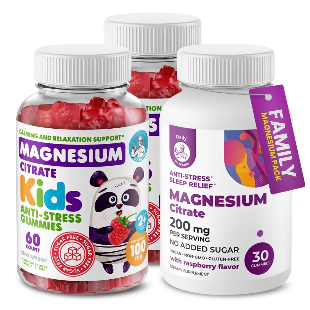 DR. MORITZ Magnesium Bundle - Gummies for Adults (200mg, 30 Count) and Kids Magnesium Gummies (60 Count, 2 Pack) - Sugar-Free