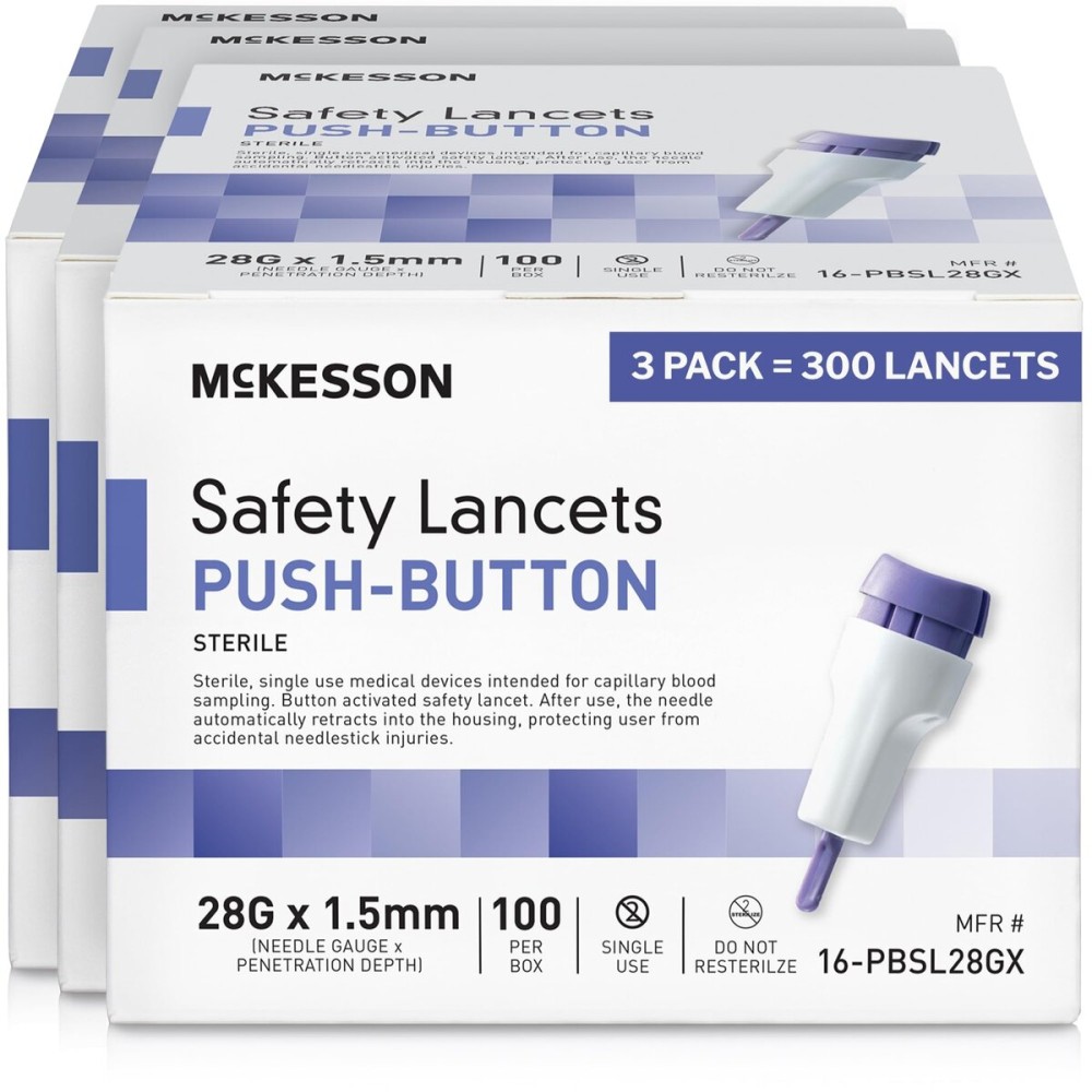 McKesson Lancets for Diabetes Testing [300 Count] Lancing Device for Blood and Glucose Test, 28G x 1.5 mm, Push Button Activation, Sterile, Single Use