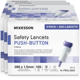 McKesson Lancets for Diabetes Testing [300 Count] Lancing Device for Blood and Glucose Test, 28G x 1.5 mm, Push Button Activation, Sterile, Single Use