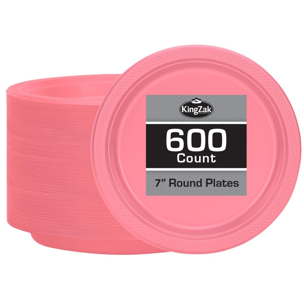 Hanna K. Signature Pink Plastic Plates - 7 Inch, 600 Count - Solid Round Party Plates for Weddings, BBQs & Birthdays