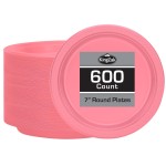 Hanna K. Signature Pink Plastic Plates - 7 Inch, 600 Count - Solid Round Party Plates for Weddings, BBQs & Birthdays