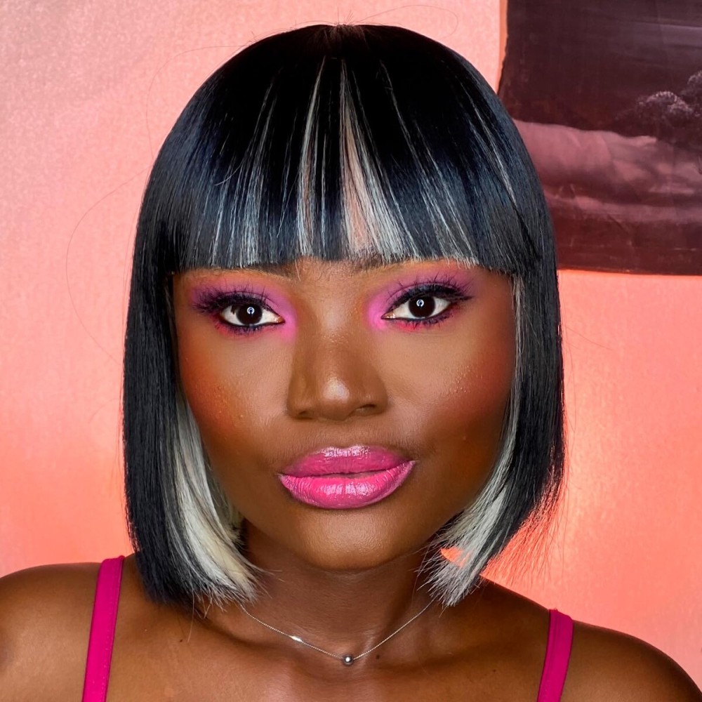 ToyoTress Short Bob Wigs With Bangs - 12 Inch Black Mix Off-White Yaki Straight Hair Daily Costume Wig For Black Women, Soft Light Synthetic Hair Replacement Wigs Heat Resistant (12 Inch, SH613)