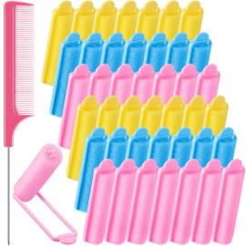 Syhood 43 Pcs Foam Sponge Hair Rollers Women 0.59 Inch Soft Sleeping Curlers Flexible Sponge Curler Tool and Rat Tail Comb for Hair Styling Hairdressing Overnight Curl and Volume(Pink Blue Yellow)