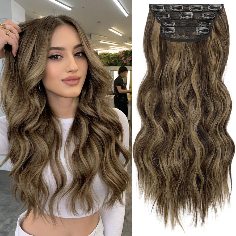 KooKaStyle Clip in Synthetic Hair Extensions Long Wavy 4PCS Thick Hairpieces Balayage Chocolate Brown to Caramel Blonde 10H26 Fiber Double Weft Natural Hair Extensions 16 Inch for Women