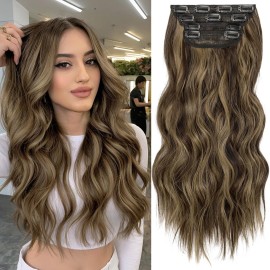 KooKaStyle Clip in Synthetic Hair Extensions Long Wavy 4PCS Thick Hairpieces Balayage Chocolate Brown to Caramel Blonde 10H26 Fiber Double Weft Natural Hair Extensions 16 Inch for Women