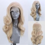 ELESTY Long Wavy Blonde Hair Synthetic Lace Front Wigs for Women Natural Hairline Heat Resistant Fiber Hair Free Part Glueless Lace Front Wigs Daily Party Lace Wigs 24Inch