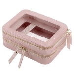 Prite Double Layer Makeup Bag for Women Portable Clear Makeup Bag Cute Waterproof Travel Cosmetic Bag with Gold Zipper for Car Essentials(Pearlescent Pink)