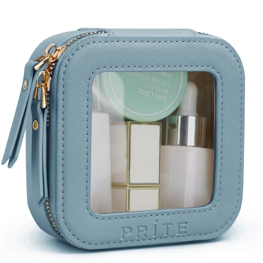 Prite Small Makeup Bag for Women Portable Clear Makeup Bag Cute Mini Waterproof Travel Cosmetic Bag with Gold Zipper for Car Essentials(Blue)