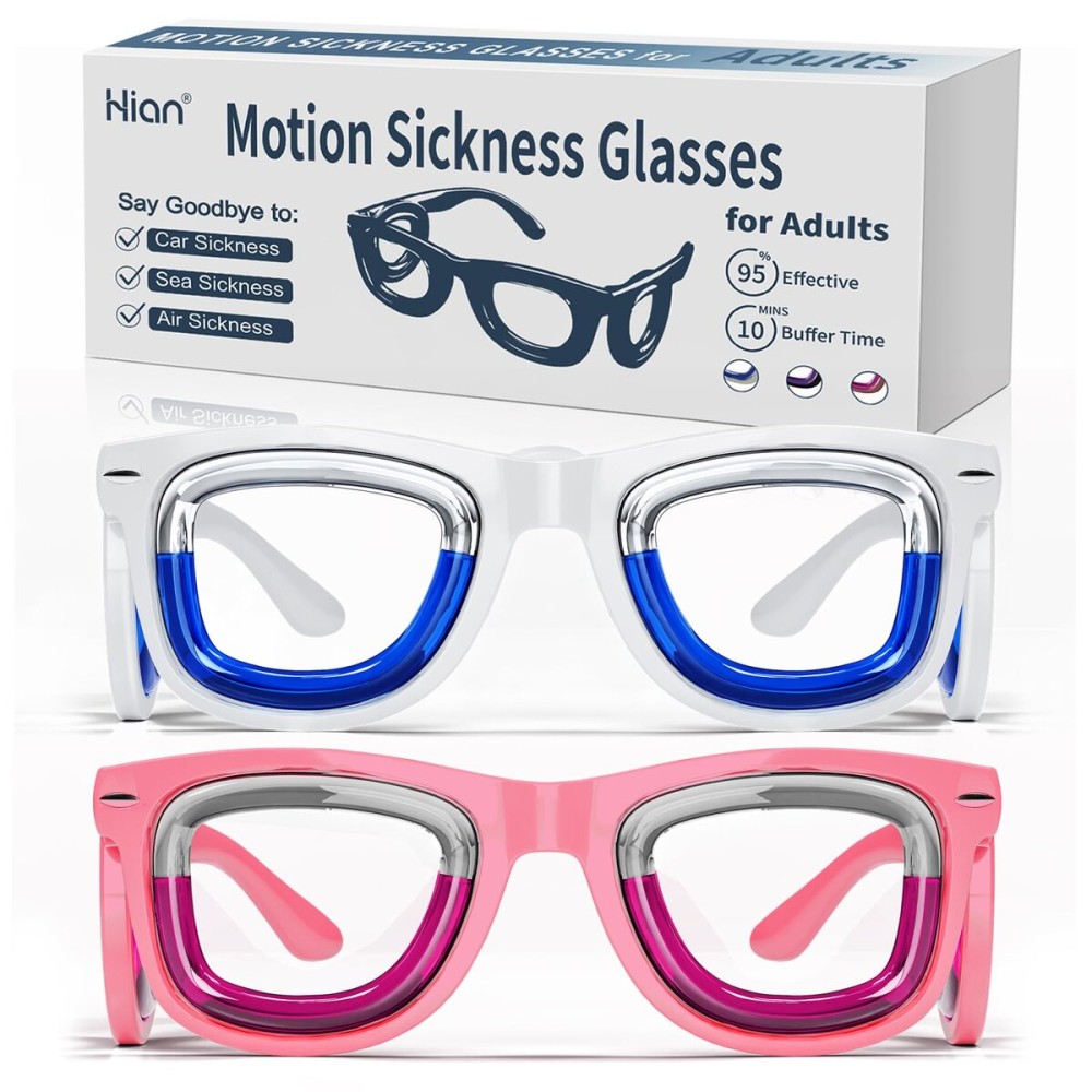 Hion 2 Pairs Adult Anti- Motion Sickness Smart Glasses, Ultra-Light Portable Nausea Relief Liquid Glasses, Carsickness Airsickness Seasickness Glasses, Kids Travel/Cruise EssentialsWhite+Pink