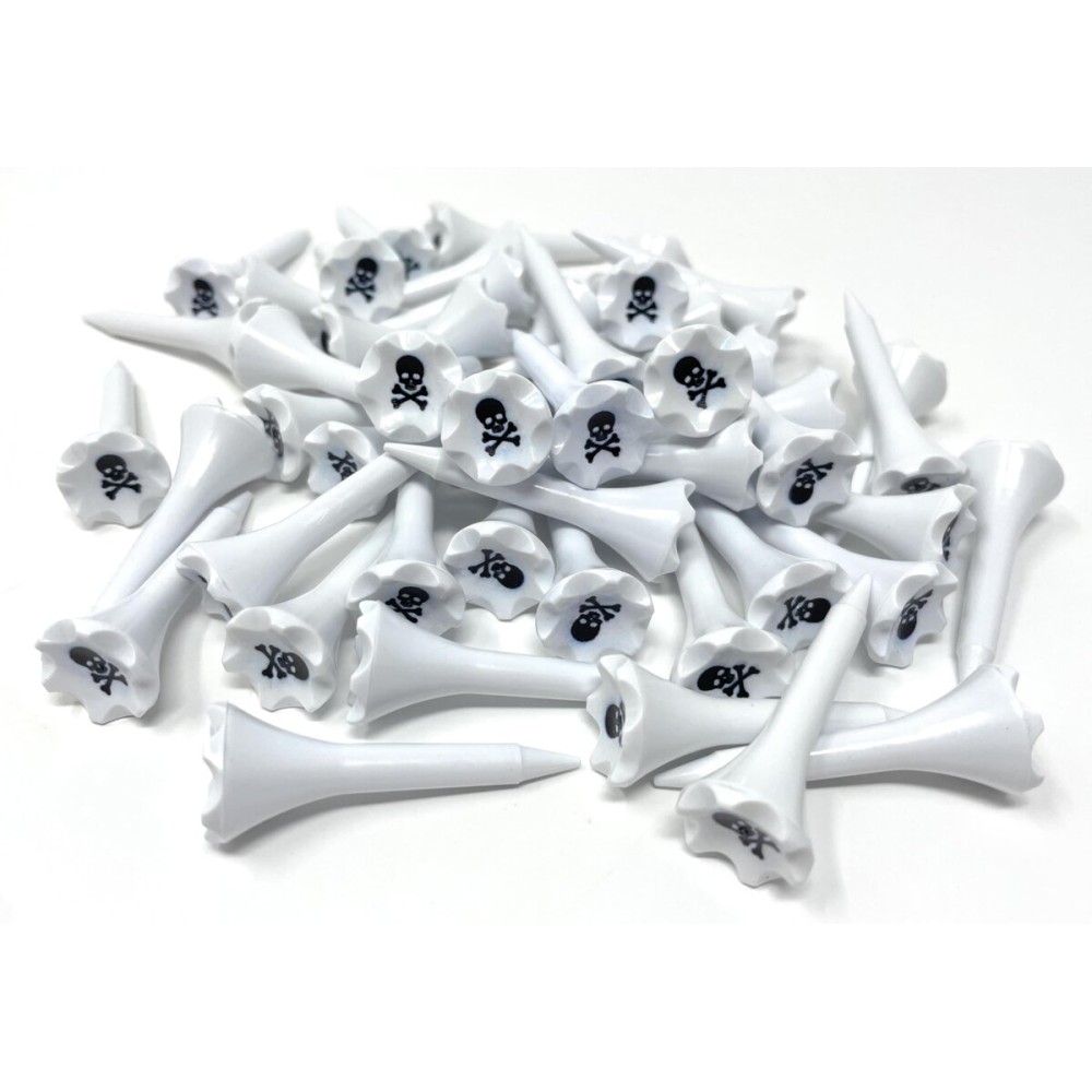 NorthPointe 1  Plastic Golf Tees - Short Tees for Irons, Par Threes, Hybrids, and Driving Range - Pack of 50 or 100 Bulk in High Visibility White Durable Plastic (100, Skull & Crossbones, 1 1/2)