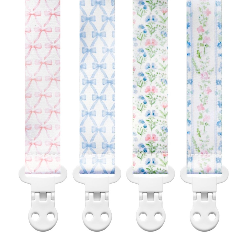 Stadela Baby Pacifier Clip Holder - Girl 4 Pack Gift Set - Vintage Floral Bows Ribbons Flowers French Blue Pink