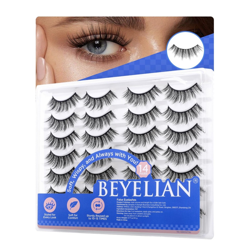 BEYELIAN 14 Pairs False Eyelashes Natural Look D Curl 9-15MM Doll Eye Fake Lashes, Soft and Lightweight Faux Mink Lashes, Reusable, Easy to Apply (14P-HSCS-01)
