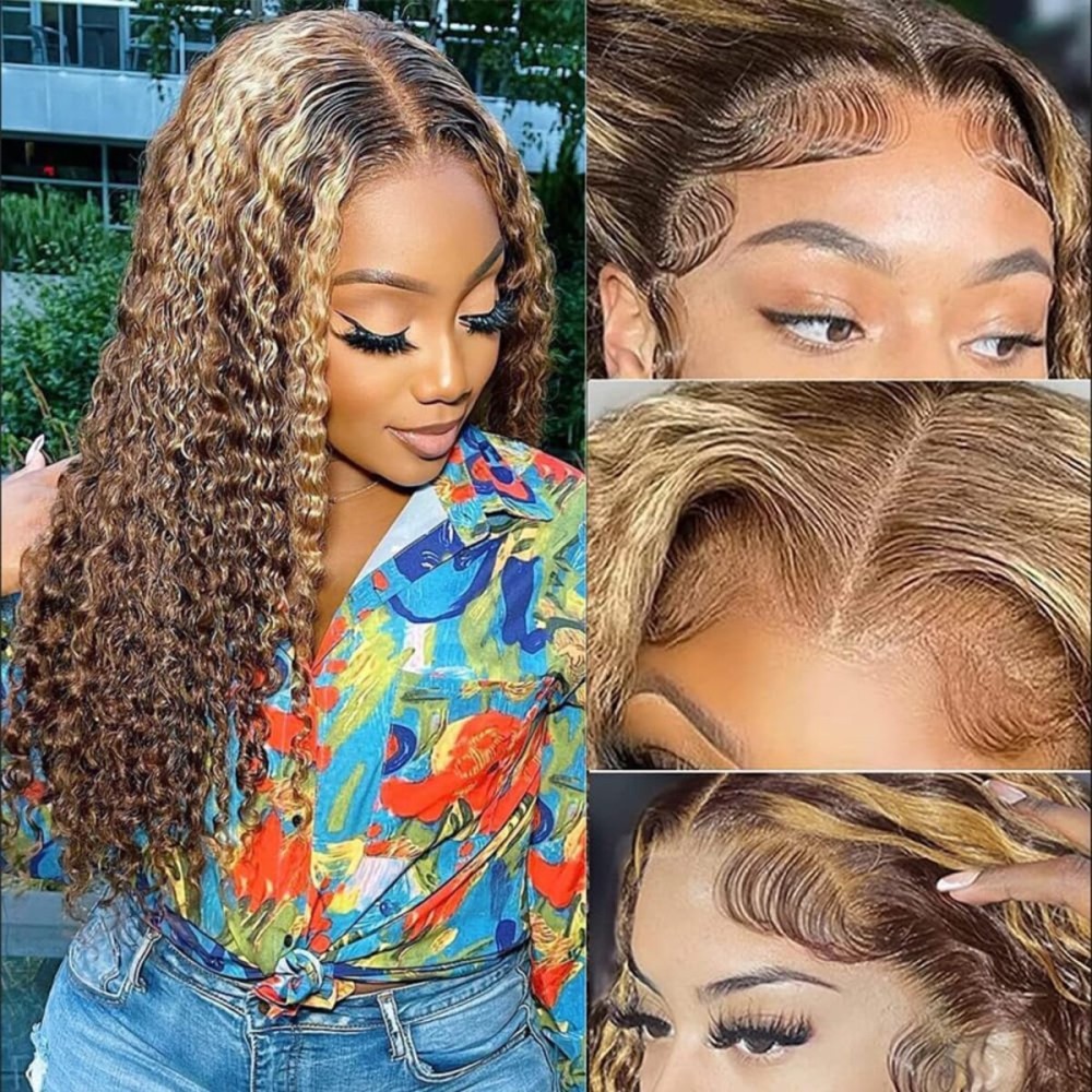Chesma 26inch Highlight Ombre Lace Front Wig Human Hair 13x4 HD Honey Blonde 4/27 Deep Wave Lace Frontal Wigs Glueless Wigs Human Hair Pre Plucked with Baby Hair 180 Density