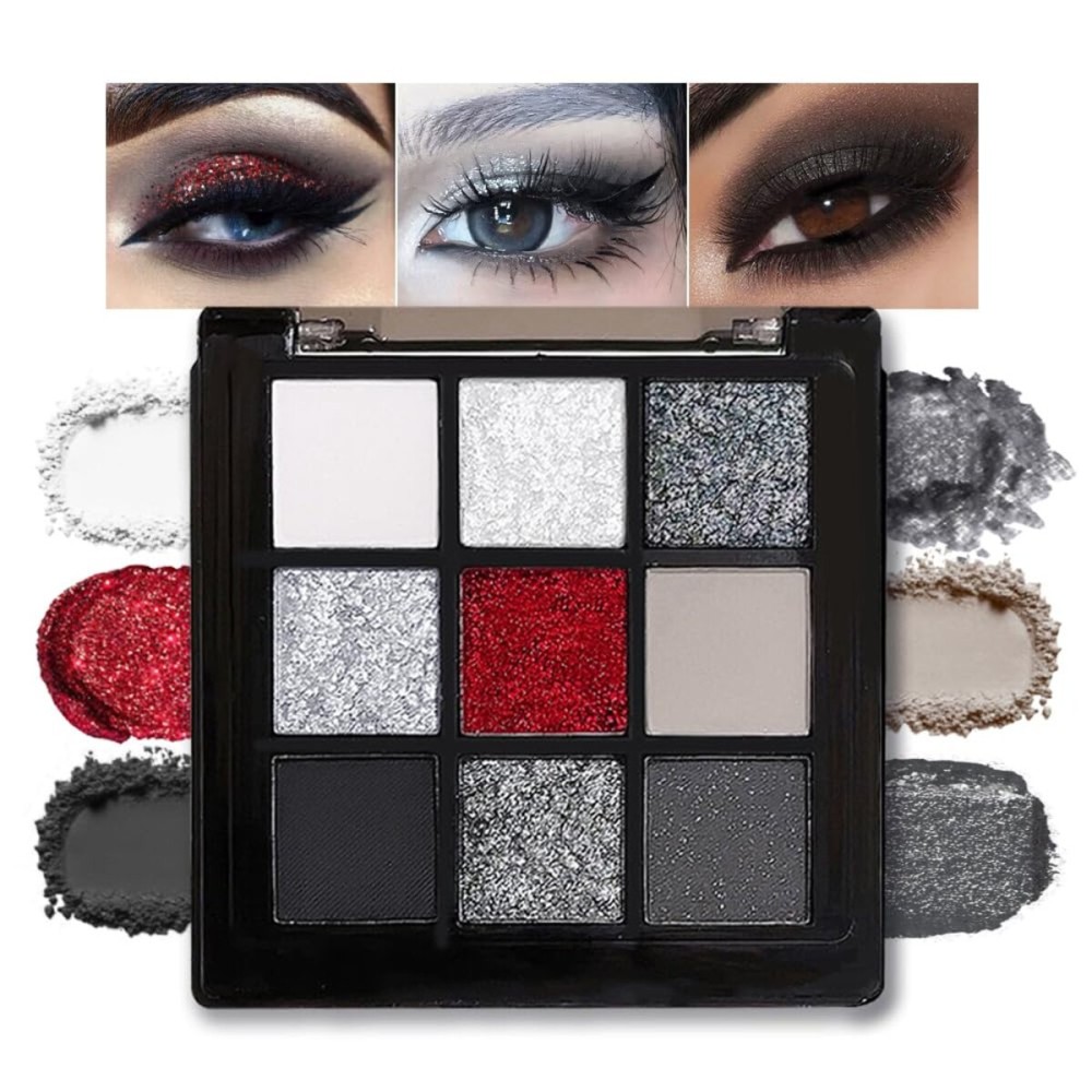 Smokey Black Red Eyeshadow Palette,9 Colors Dark Shimmer Matte Metallic Makeup Pallet,Make Up Kit for Halloween Parties Christmas Joker Vampire Clown,Long Lasting Waterproof