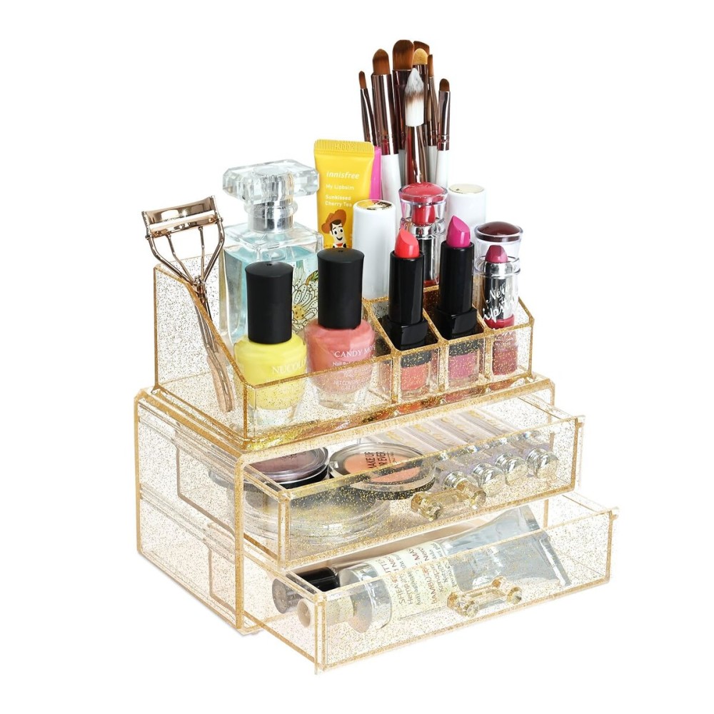 Ikee Design Acrylic Makeup Organizer with 2 Drawers Removable Top Lipstick Holders, Cosmetics Organizer for Skincare, Accessories, Lip Gloss for Vanity or Bathroom Countertop, Gold Glitter