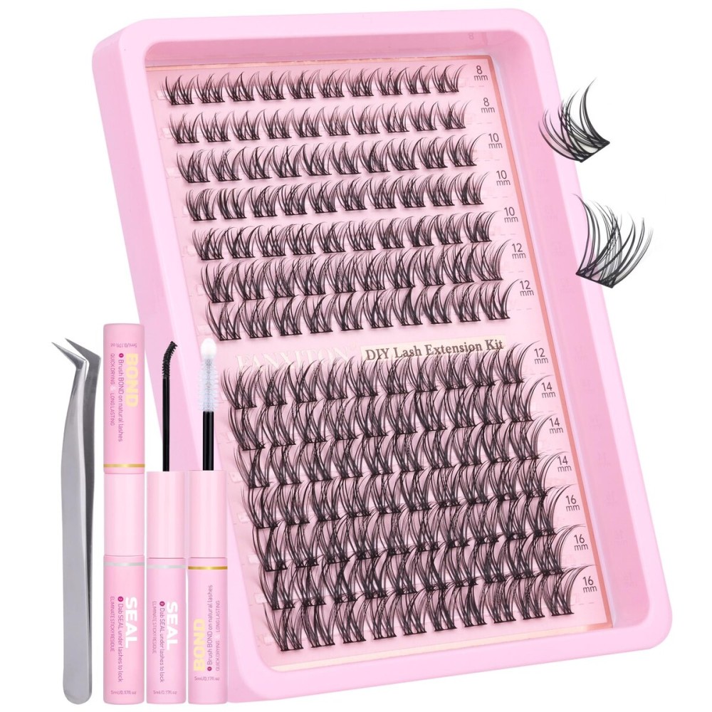 Natural Lash Extension Kit 8-16mm Lash Clusters Wispy Eyelash Clusters Sweatproof Lash Clusters C Cluster 144pcs with Bond and Seal Lash Glue and Eyelash Extension Tweezers DIY at Home