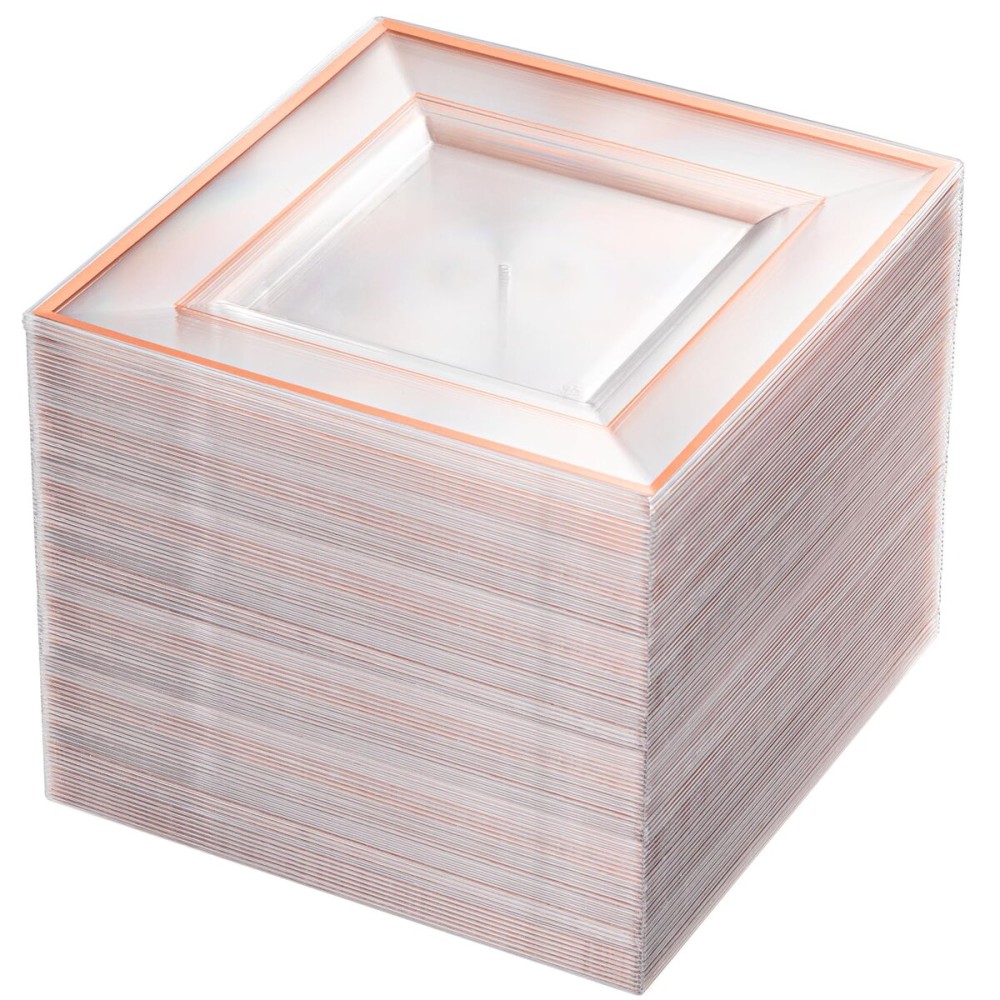 bUCLA 100 Pieces Clear Rose Gold Square Plastic Plates - 6 Inch Clear Plastic Dessert/Cake Plates with Rose Gold Trim Disposable - Ideal for Party, Wedding & Mothers Day