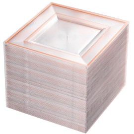 bUCLA 100 Pieces Clear Rose Gold Square Plastic Plates - 6 Inch Clear Plastic Dessert/Cake Plates with Rose Gold Trim Disposable - Ideal for Party, Wedding & Mothers Day