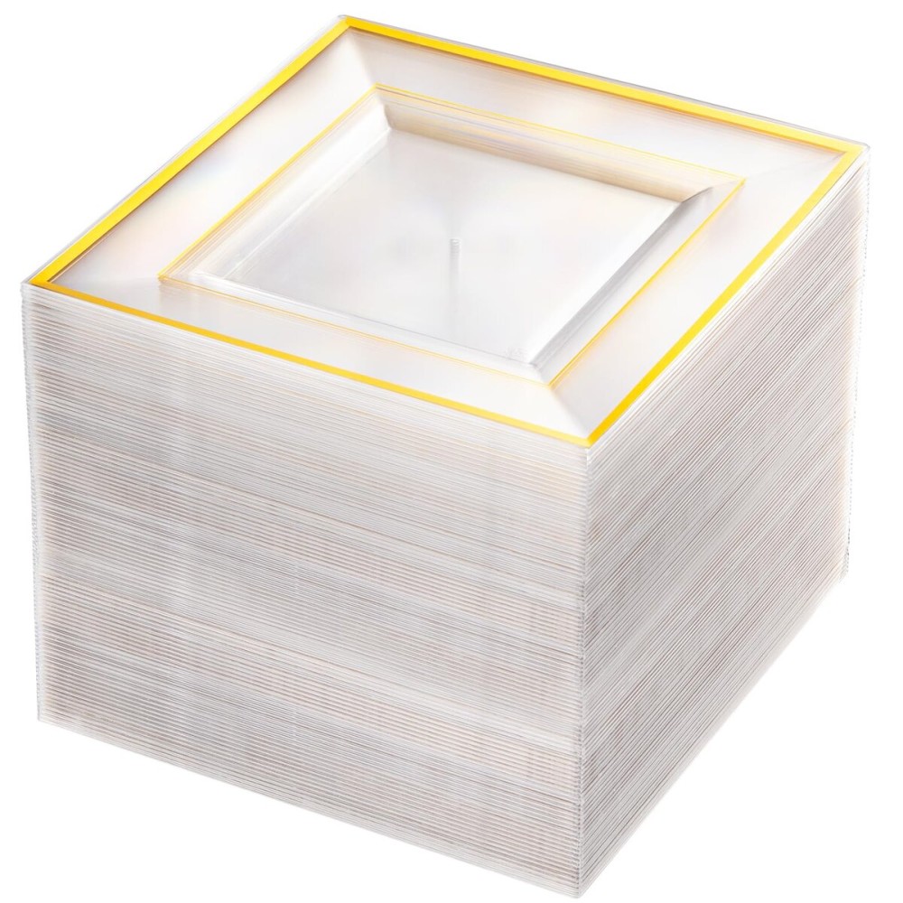 bUCLA 100PCS Clear Gold Plastic Square Plates - 6 Inch Clear Disposable Dessert/Cake Plates with Gold Trim - Ideal for Weddings,Birthday&Party